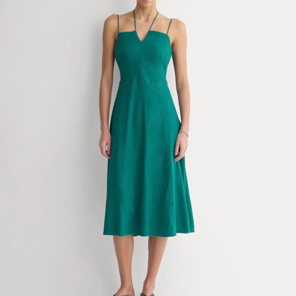 Tie Neck Dress in Stretch Linen